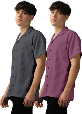 OXXOM Men Self Design, Striped Casual Grey, Pink Shirt(Pack of 2)