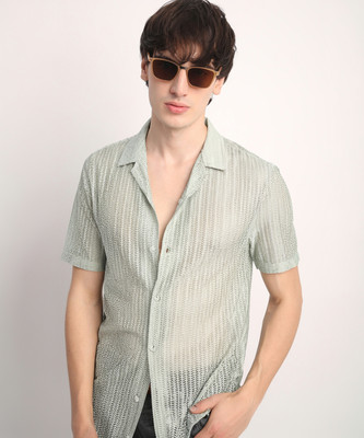 Voroxy Men Self Design Casual Green Shirt