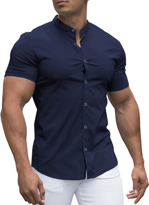 MYO Solid Men Polo Neck Navy Blue T-Shirt