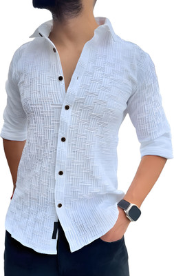 SIXSENSE Men Self Design Casual White Shirt