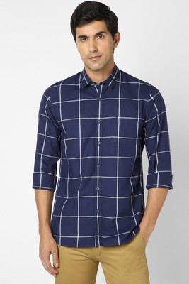 PETER ENGLAND Men Checkered Casual Dark Blue Shirt