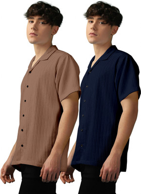 OXXOM Men Self Design Casual Brown, Dark Blue Shirt(Pack of 2)