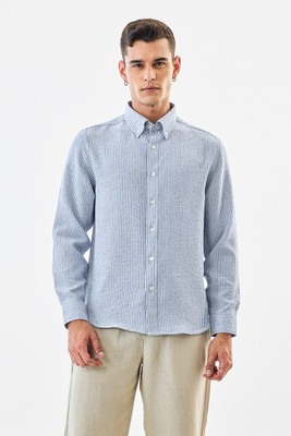 Snitch Men Striped Casual Light Blue Shirt