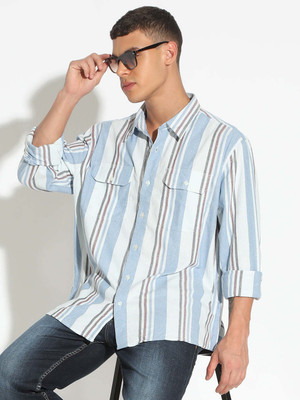 SHOWOFFFF Men Striped Casual Blue Shirt