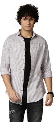 OOKO KAKA Men Striped Casual White, Brown Shirt