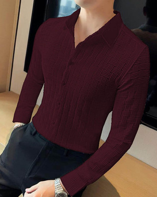 DEEMOON Men Self Design Casual Red Shirt