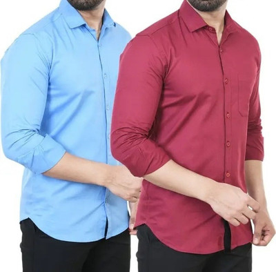 Hansroop Men Solid Casual Light Blue, Maroon Shirt(Pack of 2)