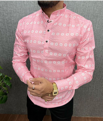 Sjdesign Men Printed Casual Pink, White Shirt