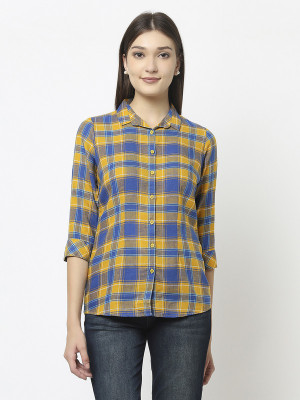 CRIMSOUNE CLUB Women Checkered Casual Yellow Shirt