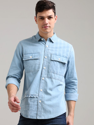 Estilocus Men Solid Casual Blue Shirt