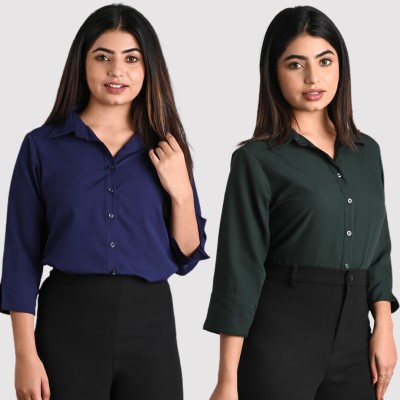 GM SARA Women Solid Formal Dark Green, Dark Blue Shirt(Pack of 2)