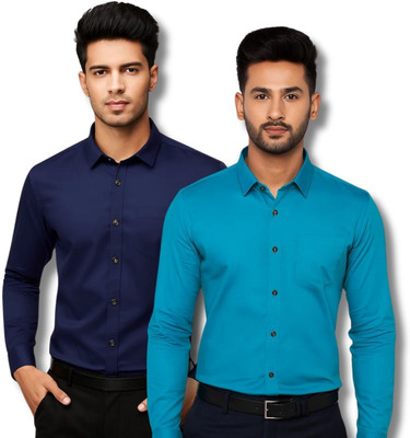 CROWNTAIL Men Solid Casual Dark Blue, Blue Shirt(Pack of 2)