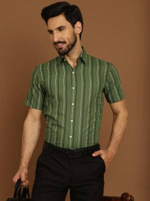 Indian Needle Men Striped Formal Green Shirt