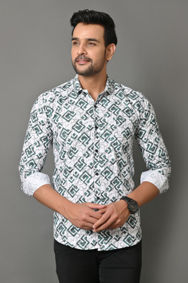 PROTOZONE Men Printed Casual Dark Green, White Shirt