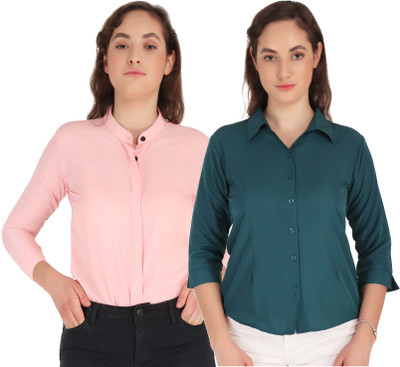 Mamnoon Women Solid Casual Pink, Green Shirt(Pack of 2)