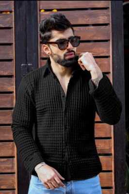 SHFASHION Men Self Design Casual Black Shirt