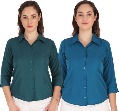Hunoor Women Solid Formal Dark Blue, Blue Shirt(Pack of 2)