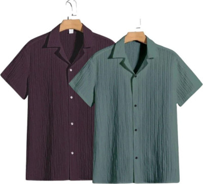 METRONAUT Men Self Design Casual Brown, Green Shirt(Pack of 2)
