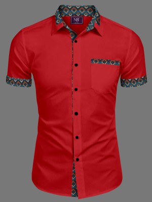 N AND J Men Solid, Printed Casual Red Shirt
