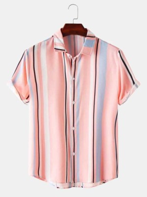 HouseOfCommon Men Striped Casual Pink Shirt