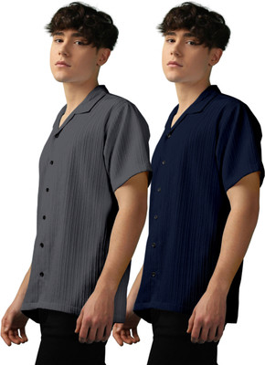 OXXOM Men Self Design Casual Grey, Dark Blue Shirt(Pack of 2)