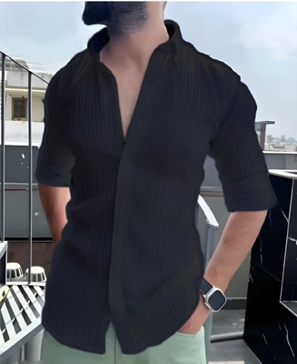 FABDACK Men Self Design Casual Black Shirt