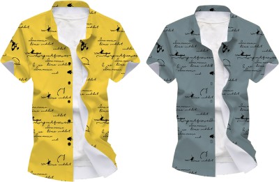 Lonexo Men Printed Casual Grey, Black, Yellow Shirt(Pack of 2)