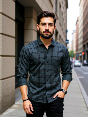 HKV Fashion Men Checkered Casual Grey Shirt