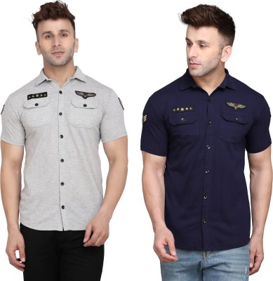 Lawful Casual Men Solid Casual Silver, Dark Blue Shirt(Pack of 2)