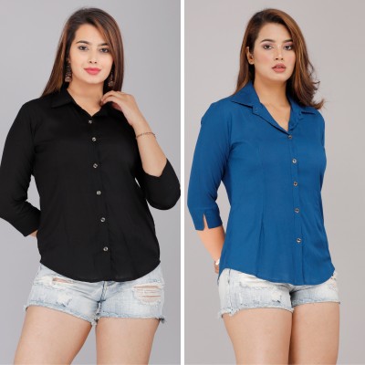 Munga Fashion Women Solid Casual Black, Blue Shirt(Pack of 2)