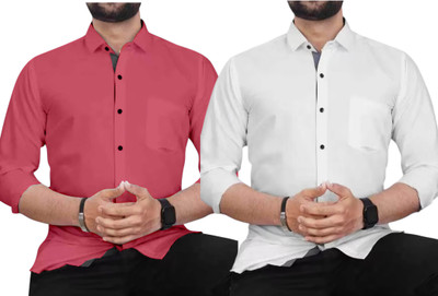SNKV TRENDS Men Solid Casual Pink, White Shirt(Pack of 2)