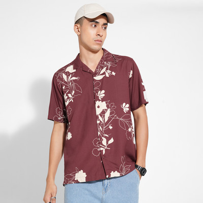 PEOPLE Men Printed Casual Maroon Shirt