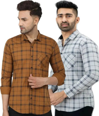 Click Everyday Men Checkered Casual Yellow, Grey Shirt(Pack of 2)
