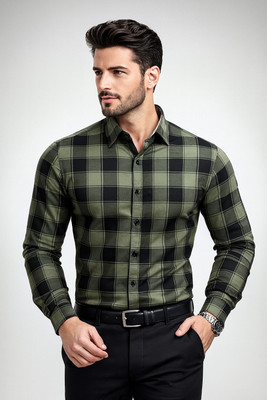 Hems trends Men Checkered Casual Green Shirt