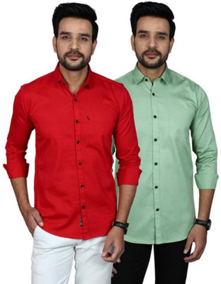 eagle man Men Solid Casual Red, Light Green Shirt(Pack of 2)
