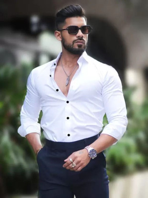 MOONBELL Men Solid Casual White Shirt