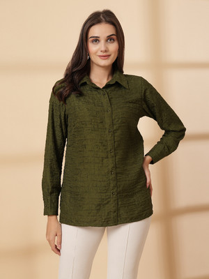 PLUSS Women Solid Casual Green Shirt
