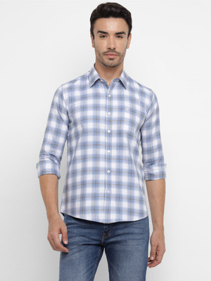 Allen Cooper Men Checkered Casual Blue, White Shirt