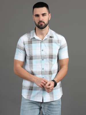 ZHAO Men Checkered Casual Blue Shirt