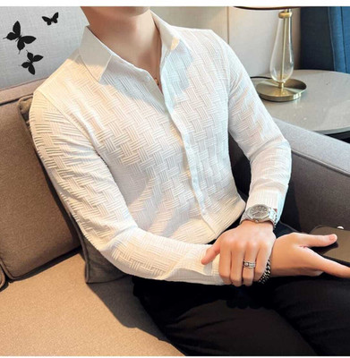 HEJAMAA CREATION Men Self Design Casual White Shirt