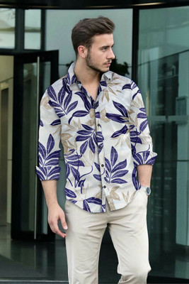 ISUEL FAB Men Floral Print Casual Beige Shirt