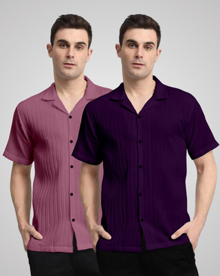 kruze Men Self Design Casual Pink, Purple Shirt(Pack of 2)