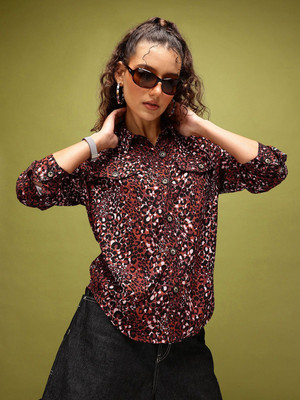 Glitchez Women Printed Casual Brown Shirt
