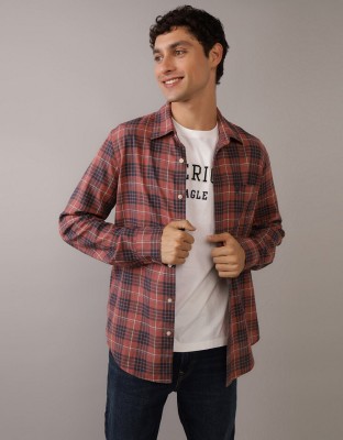 American Eagle Men Checkered Casual Maroon Shirt