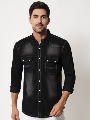 Double One Men Washed Casual Black Shirt