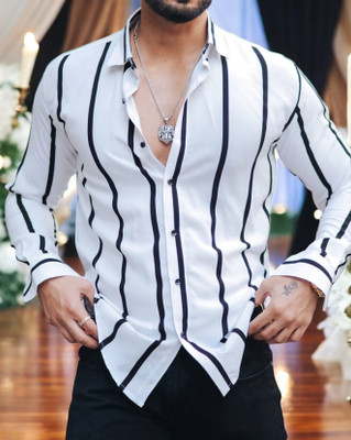 GCFAB Men Striped Casual White Shirt