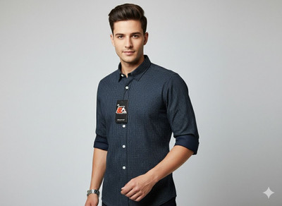 PEACEFUL Men Solid Party Dark Blue Shirt