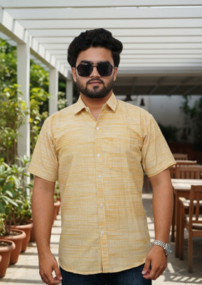 STICHVILLA Men Striped Casual Yellow Shirt