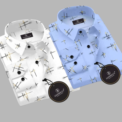 JACKBELLA Men Printed Casual White, Light Blue Shirt