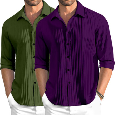 OXXOM Men Self Design Casual Green, Purple Shirt(Pack of 2)